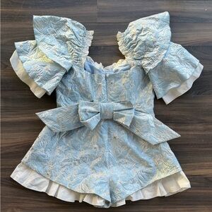 Blue Textured Romper with Bow